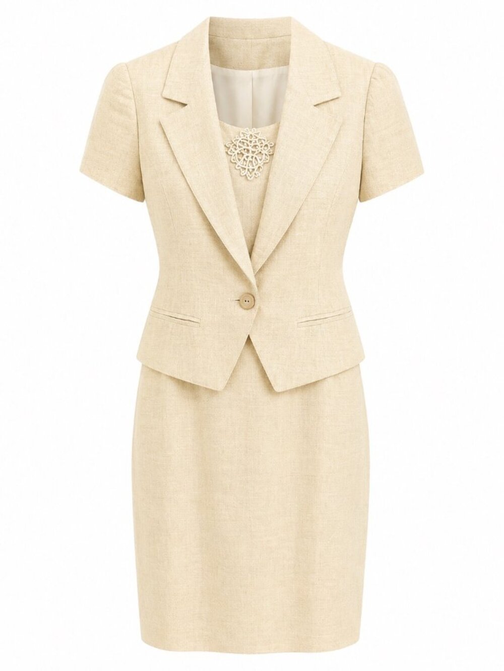 Beige Linen 2-Piece Dress & Blazer Set With Starfish & Coral Appliqué Details